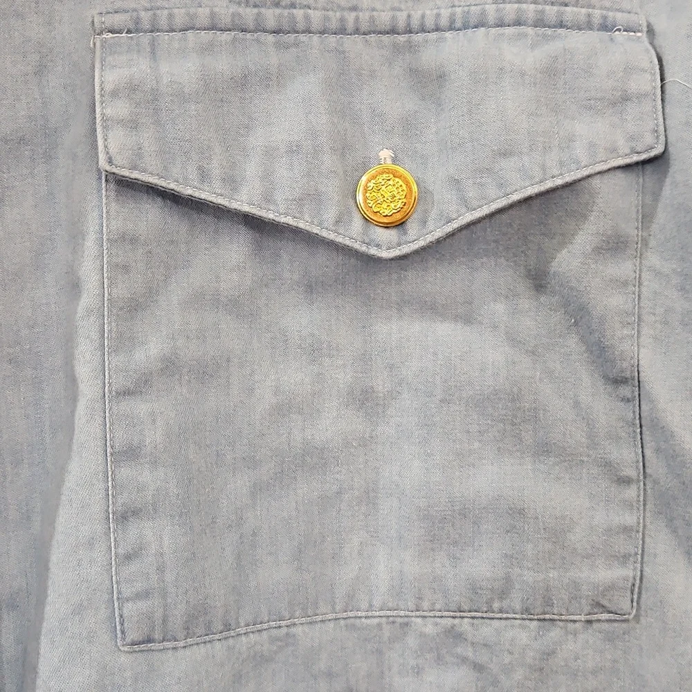 Talbots Blue Cotton Blouse With Gold Buttons Sz M